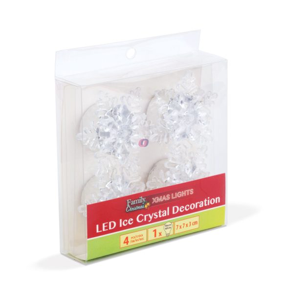 4 db-os LED-es jégkristály dekoráció - melegfehér - elemes 7 cm