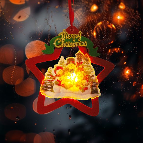 VIllágító ablakdísz Merry Christmas, csillag, hóember melegfehér elemes 19 cm
