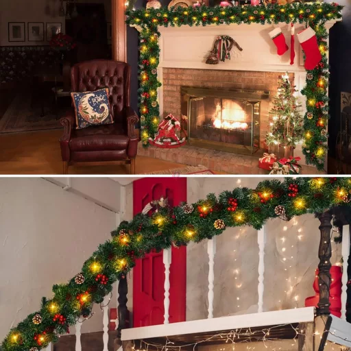 Luxury Fenyő girland díszített, led világítással 270 cm kül és beltérre Premium HQ
