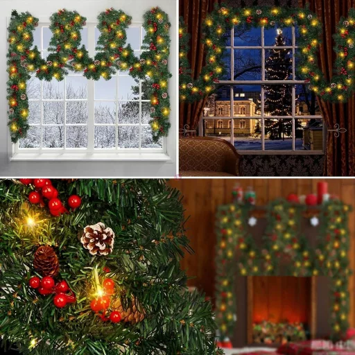 Luxury Fenyő girland díszített, led világítással 270 cm kül és beltérre Premium HQ