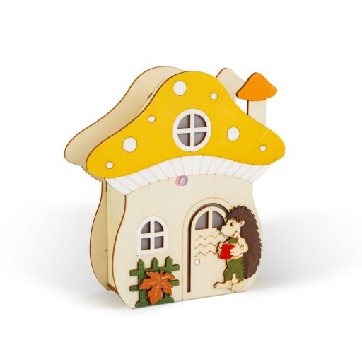 Őszi LED gomba ház sünivel - 15 x 16 x 5 cm - fából