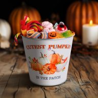 Prémium Őszi bádog kaspó – Tök mintás, narancssárga 15 cm   Prémium Őszi bádog kaspó – Tök mintás, narancssárga 15 cm