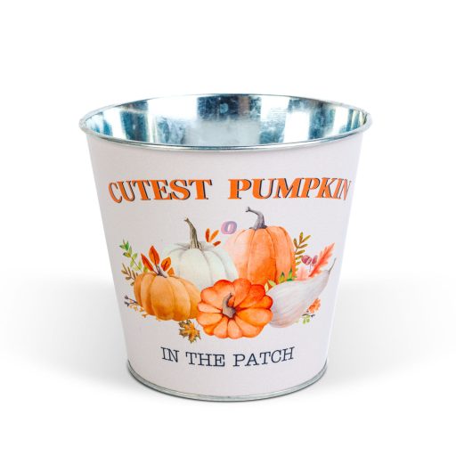 Prémium Őszi bádog kaspó – Tök mintás, narancssárga 15 cm