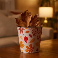 Prémium Őszi bádog kaspó – Levél mintás, narancssárga 15 cm   Prémium Őszi bádog kaspó – Levél mintás, narancssárga 15 cm