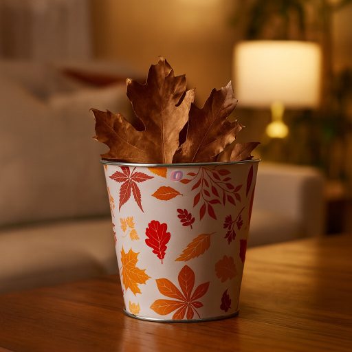 Prémium Őszi bádog kaspó – Levél mintás, narancssárga 15 cm