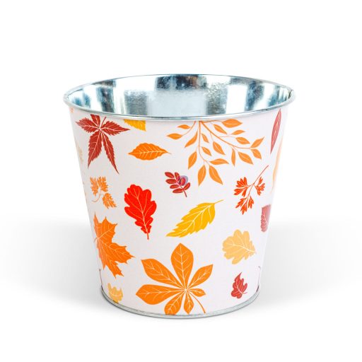 Prémium Őszi bádog kaspó – Levél mintás, narancssárga 15 cm