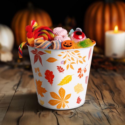 Prémium Őszi bádog kaspó – Levél mintás, narancssárga 15 cm