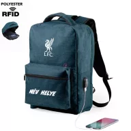   Tolvajbiztos Liverpool hátizsák USB-s, személyre szabható egyedi névvel Sötétkék
