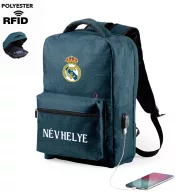   Tolvajbiztos Real Madrid hátizsák USB-s, személyre szabható egyedi névvel Sötétkék