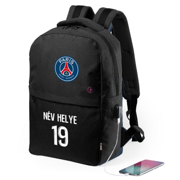 Paris Saint-Germain Iskolatáska, USB-s, személyre szabható egyedi névvel és számmal, Fekete