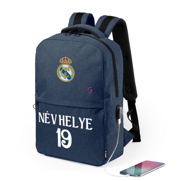 Real Madrid Iskolatáska, USB-s, személyre szabható egyedi névvel és számmal, Sötétkék