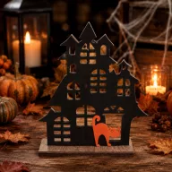 Halloweeni szellemház dísz, fa 14x18 cm