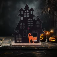 Halloweeni szellemház dísz, fa 14x18 cm