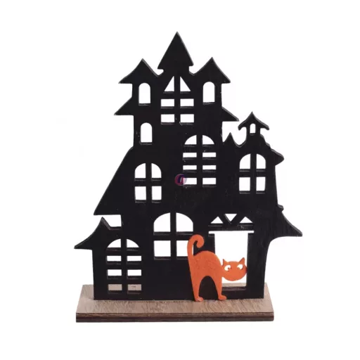 Halloweeni szellemház dísz, fa 14x18 cm