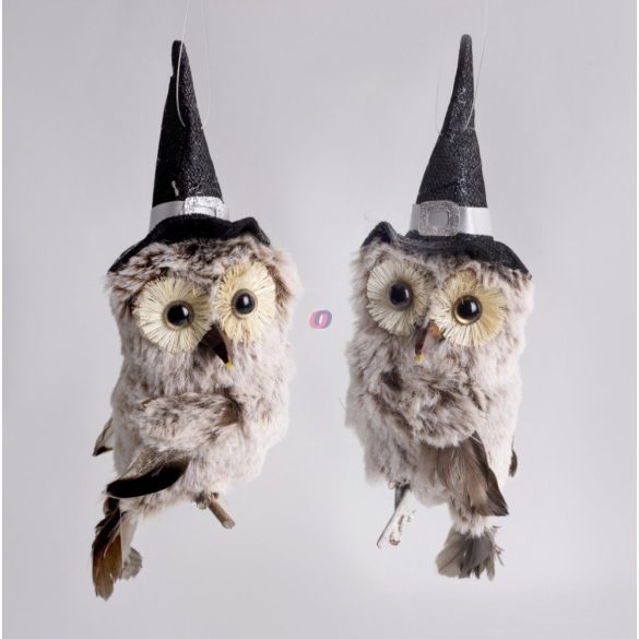 Halloweeni bagoly figura boszi kalapban, akasztós, textil 20 cm
