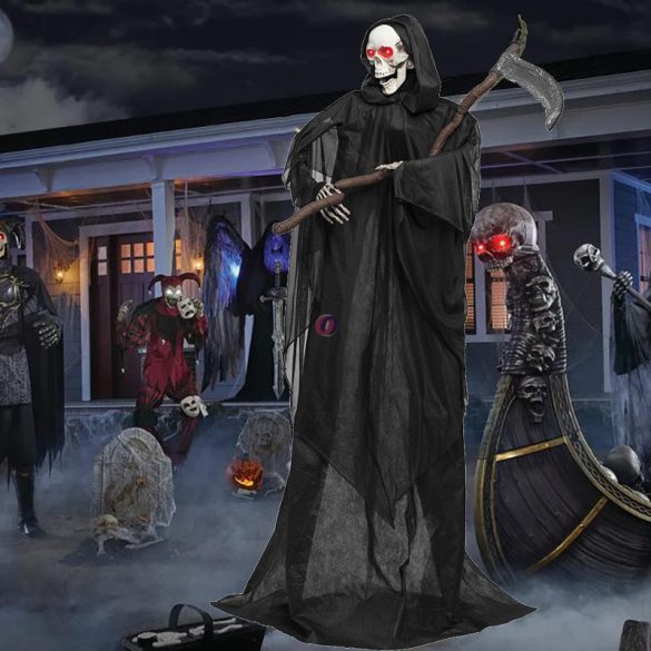 Élethű nagyságú Halloweeni kaszás figura animatronikus, mozgó, világító, hangot adó