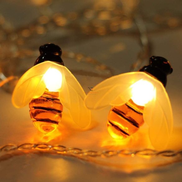 Napelemes fényfüzér méhecskés 20 LED szolár égősor melegfehér