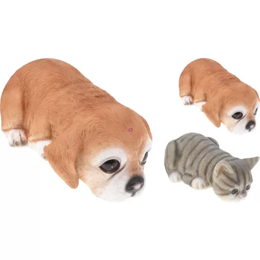 Prémium élethű kerti kiskutya / kiscica figura, fekvő, 2 féle választható, 24 cm