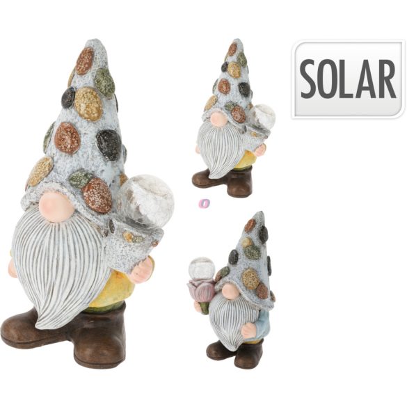 34 cm Napelemes kerti manó figura lámpa, polyresin, üveggömbbel