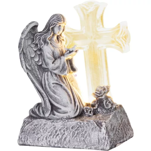 Napelemes LED sírdísz, angyal galambbal és kereszttel, 12 × 8 × 16,5 cm