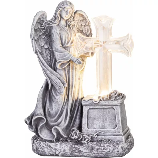 Napelemes LED sírdísz, angyal kereszttel, 16 × 10 × 23 cm