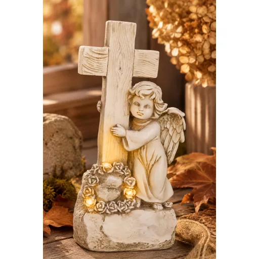 Napelemes LED sírdísz, angyal kereszttel, 13 × 8,5 × 27,5 cm