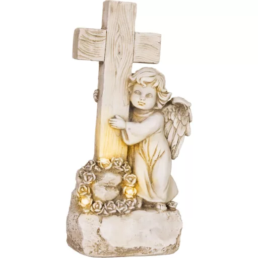 Napelemes LED sírdísz, angyal kereszttel, 13 × 8,5 × 27,5 cm