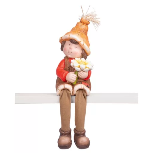 Ülő kisfiú figura virággal, kerámia, 32 cm