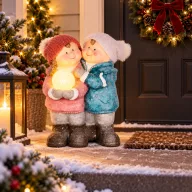 LED-es kisfiú és kislány hógolyóval, kerámia, 40 cm