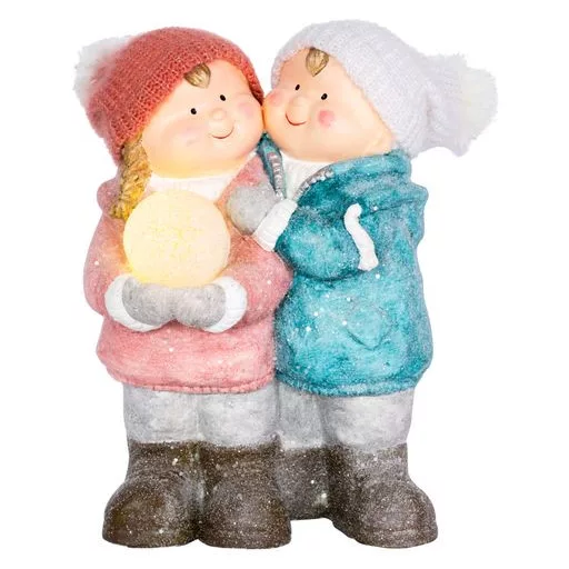 LED-es kisfiú és kislány hógolyóval, kerámia, 40 cm
