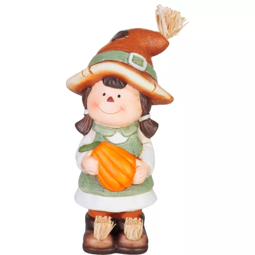 Őszi kislány figura tökkel, terrakotta, 23 cm