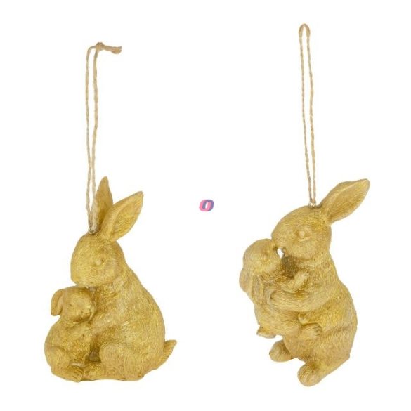 Húsvéti nyúl figura kisnyúllal akasztós poly 11,5 cm arany 2 féle (1db)