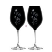   Üveg pohár virág mintával, swarovski dísszel bor 470ml fekete 2-db-os szett