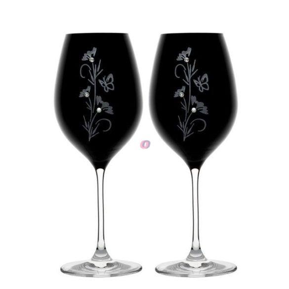 Üveg pohár virág mintával, swarovski dísszel bor 470ml fekete 2-db-os szett