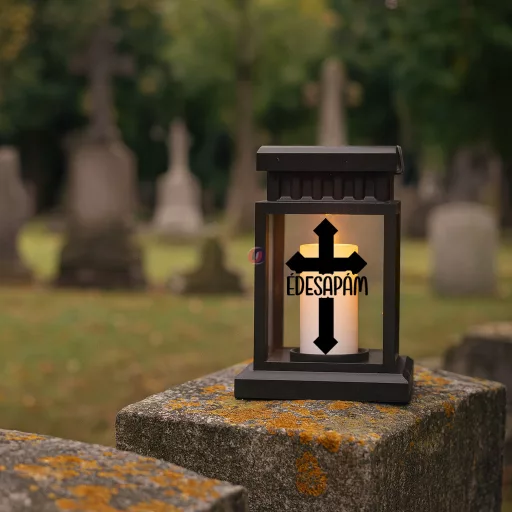 Napelemes lámpás kereszttel, egyedi névvel 12,5 cm, fekete emlékőrző