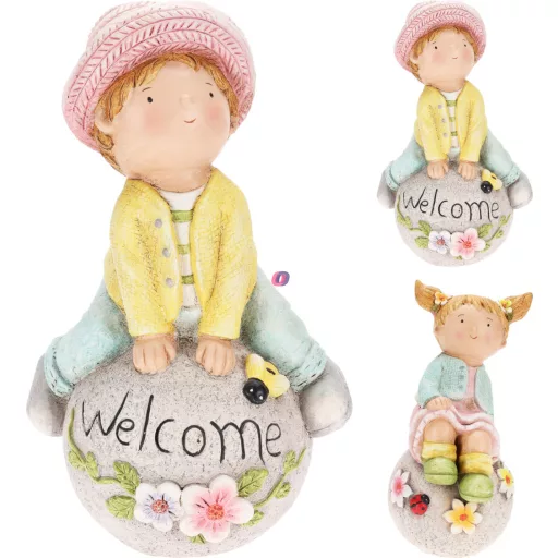 XL Kerti gyerek figura welcome felirattal , kövön ülő 42 cm
