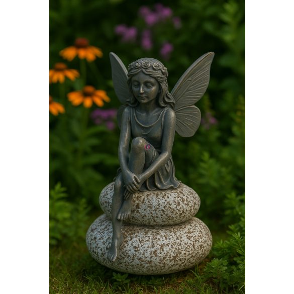 Kerti tündér figura, kövön ülő, bronz hatású 20cm