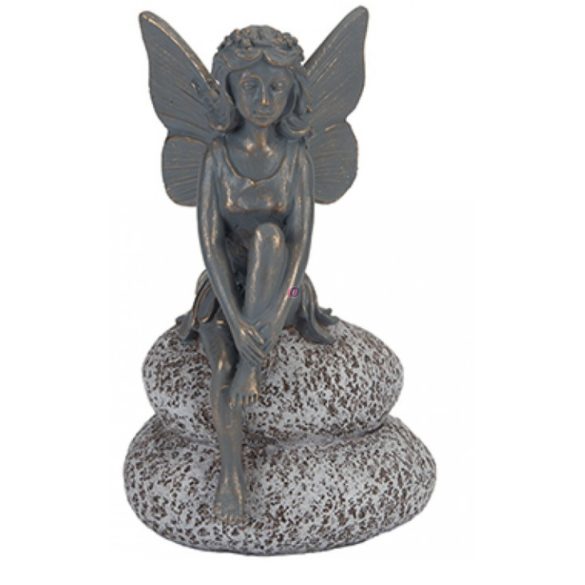Kerti tündér figura, kövön ülő, bronz hatású 20cm