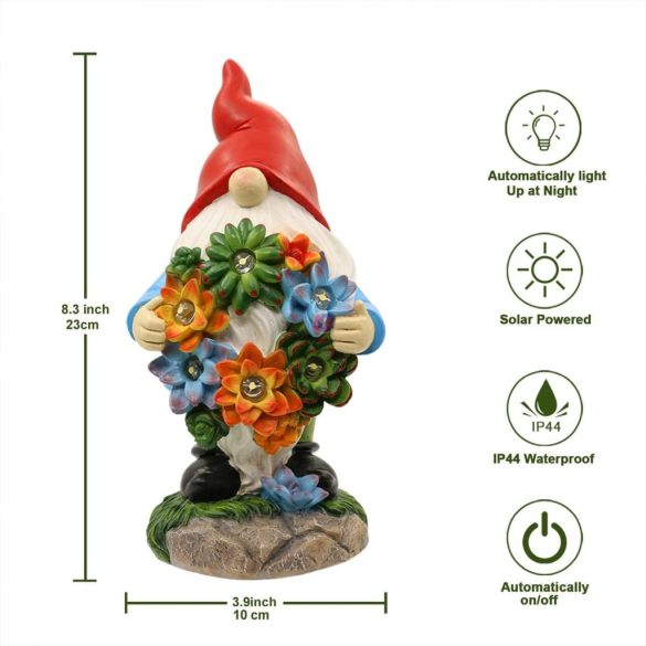 Kerti figura szolár manó lámpa, kőhatású, színes pozsgás növényekkel 21 cm