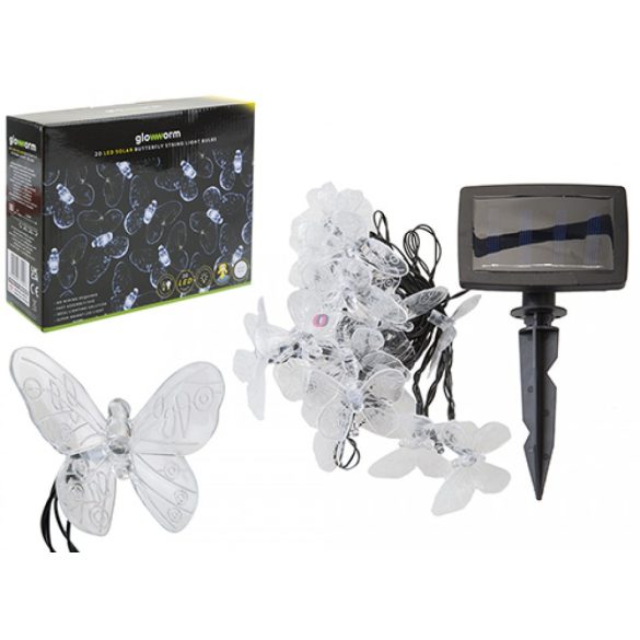 Napelemes fényfüzér pillangókkal 5m, 20 LED hidegfehér