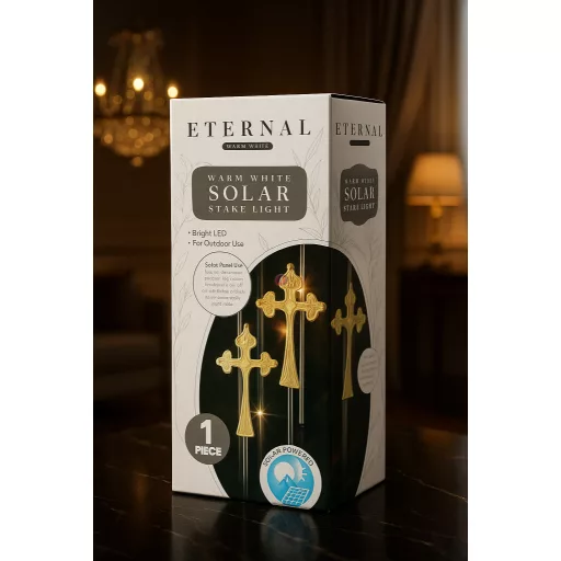 Napelemes emléklámpa kereszt, sírdísz, melegfehér, 50 cm