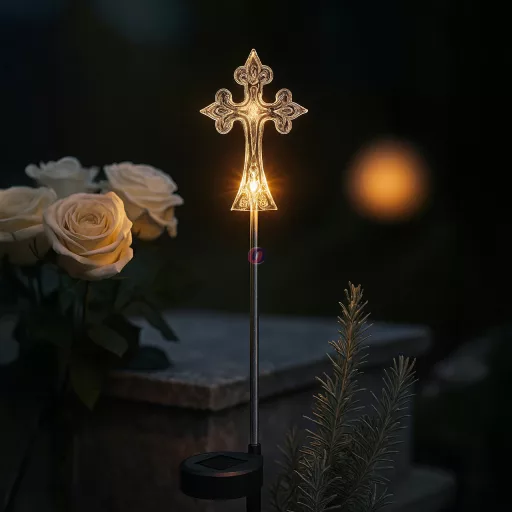 Napelemes emléklámpa kereszt, sírdísz, melegfehér, 50 cm