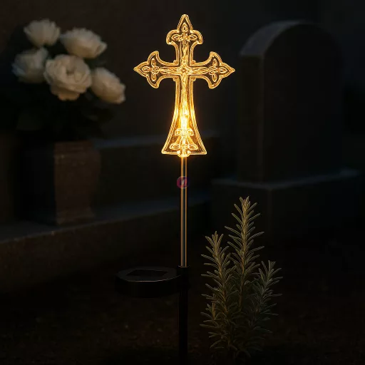 Napelemes emléklámpa kereszt, sírdísz, melegfehér, 50 cm