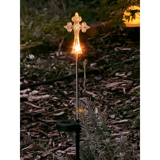 Napelemes emléklámpa kereszt, sírdísz, melegfehér, 50 cm