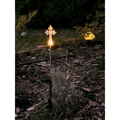 Napelemes emléklámpa kereszt, sírdísz, melegfehér, 50 cm