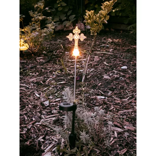 Napelemes emléklámpa kereszt, sírdísz, melegfehér, 50 cm