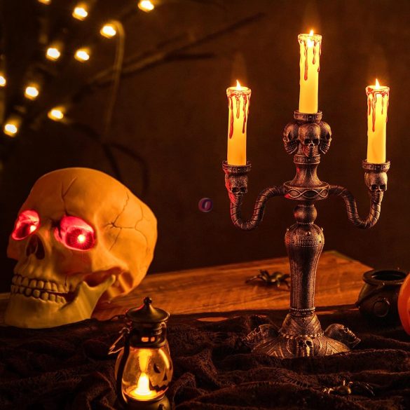 Halloweeni tripla gyertyatartó koponyás,  LED világítással 40 cm