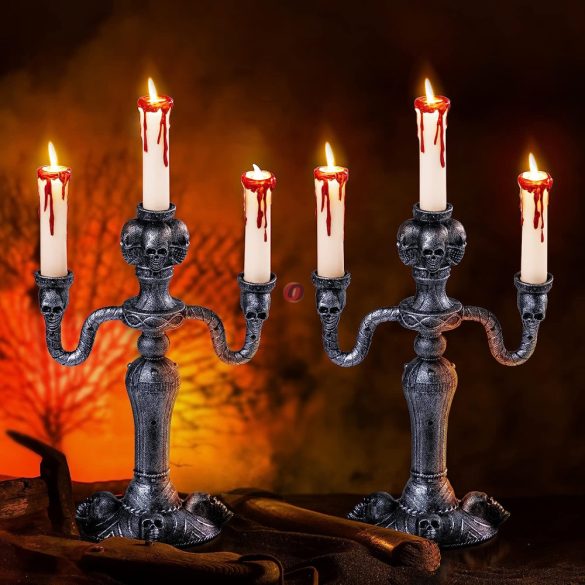 Halloweeni tripla gyertyatartó koponyás,  LED világítással 40 cm