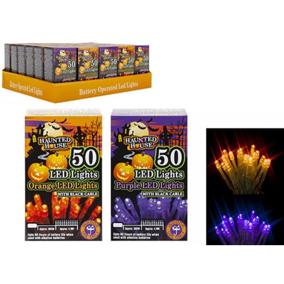 4m Halloween fényfüzér elemes 50 LED narancs/lila választható