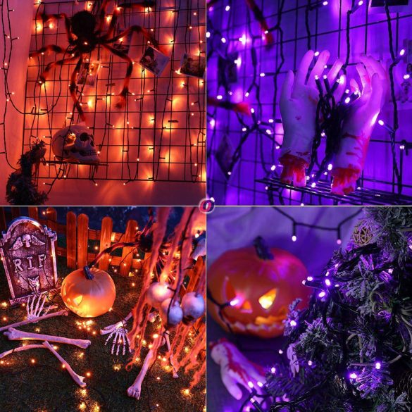 10 m Halloween fényfüzér elemes 100 LED narancs/lila választható